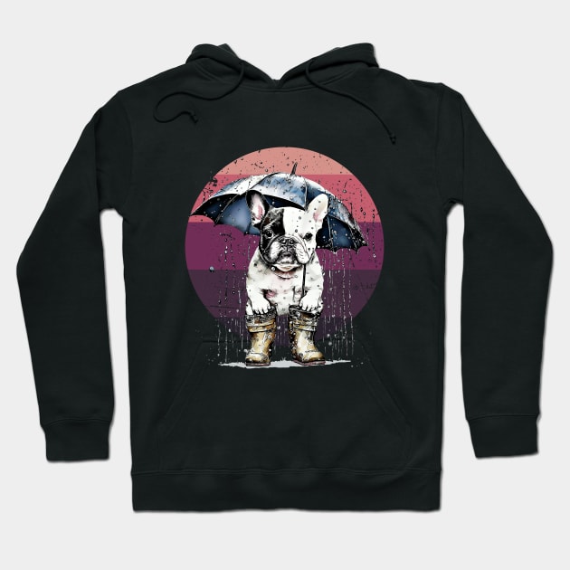 Cute french bulldog under the rain with umbrella, vintage style, frenchie mon, frenchie dad, frenchie on vintage sun Hoodie by Collagedream